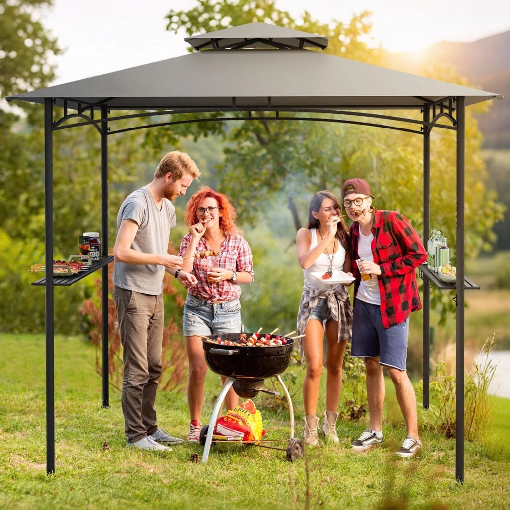 Gazebo per Barbecue 242 x 150 x 250 cm, Bazebo da Giardino per Griglia a Doppio Tetto con 2 Ripiani Laterali e 6 Ganci, Gazebo per BBQ da Giardino, Patio e Terazza, Grigio