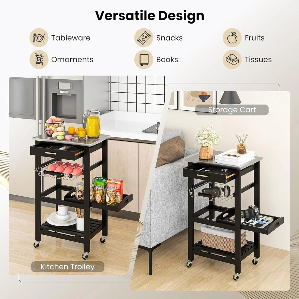 Carrello da Cucina a Rotelle con Mensole, Cassetto, Carrello di Servizio, Stile Moderno per Cucina e Soggiorno, 47x39x85 cm, Bianco/Nero (Nero)