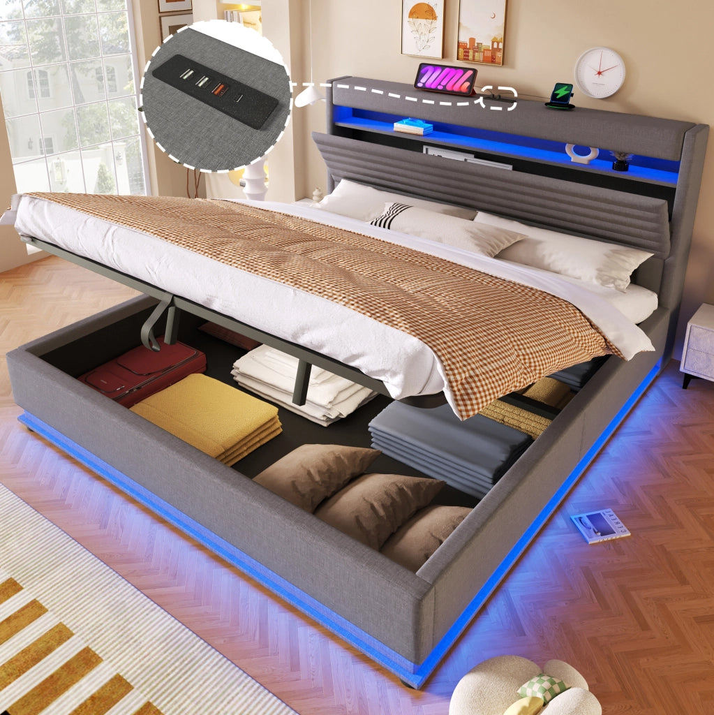 Letto matrimoniale imbottito 180x200 cm con contenitore; LED; USB e USB-C; in lino grigio