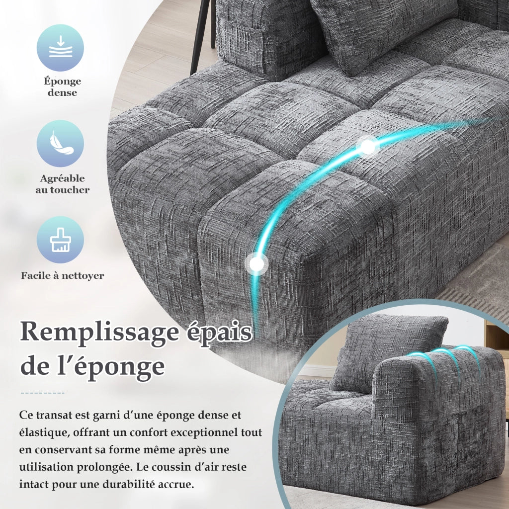 Chaise Longue Méridienne 1 Posto con Cuscino e Tasche Laterali Comfort Nuvola Seduta Ergonomica in Ciniglia Grigio