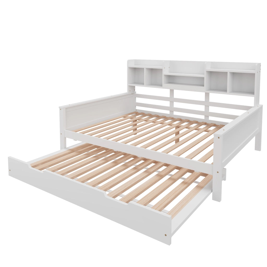 OKWISH Letto Divano 140×200 cm, Letto Matrimoniale con Letto Estraibile 90×190 cm, Contenitore e Mensole, senza Materasso, Legno, Bianco