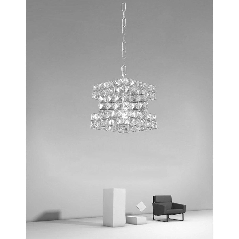 Trade Shop - Lampadario Sospeso Cubo Intrecciato Con Cristalli Lampada Luce E27 Argento 32408 -