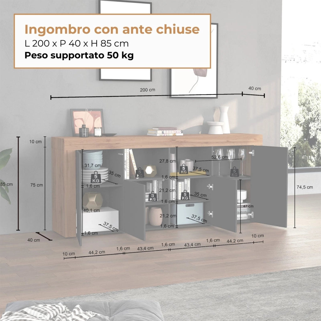 WHOUS Credenza Chronos 4 ante e 2 vani antracite opaco e rovere 200x40x85 cm
