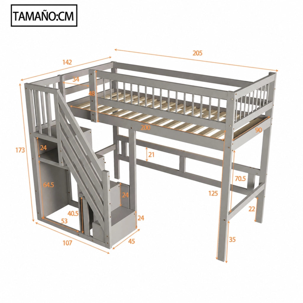 Letto a soppalco singolo 90 × 200 cm con scala contenitore in legno grigio per bambini e ragazzi