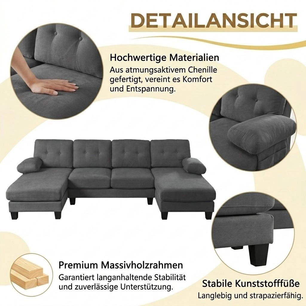 Divano con chaise-longue su entrambi i lati in chenille, tasche laterali, braccioli rimovibili con zip, grigio 268 × 128 × 84 cm