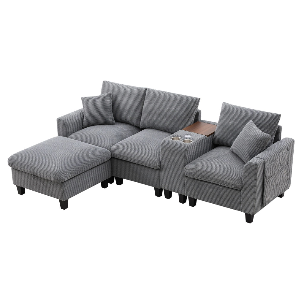 Divano angolare modulare con pouf contenitore; console con 2 USB e portabicchieri; corduroy grigio