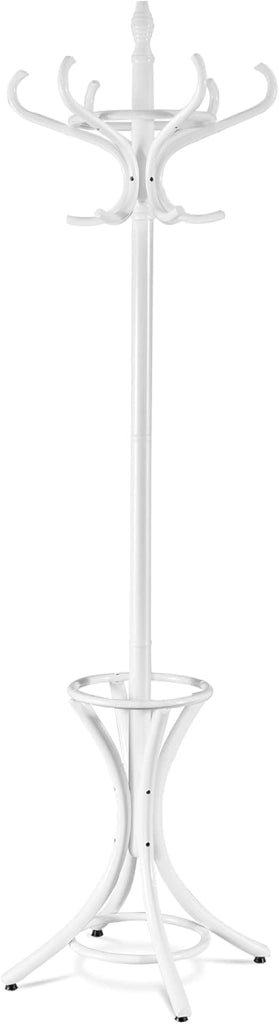 Appendiabiti da 184 cm, Scaffale per Abiti e Cappelli, Appendiabiti in Legno con 12 Ganci, Supporto per Ombrellone, Portabiti Autoportante, per Ingresso, Ufficio, Soggiorno (Bianco)