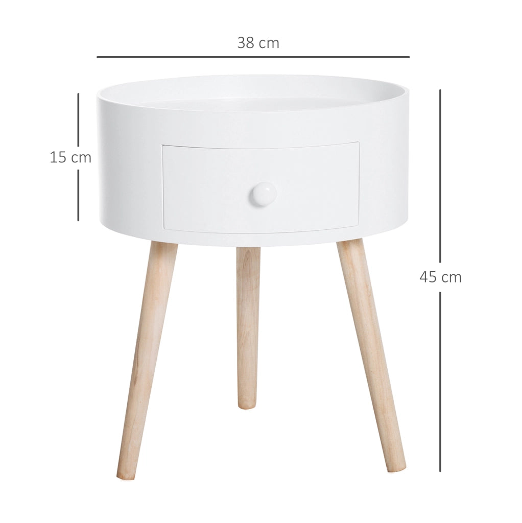 Tavolino rotondo con cassetto in legno bianco