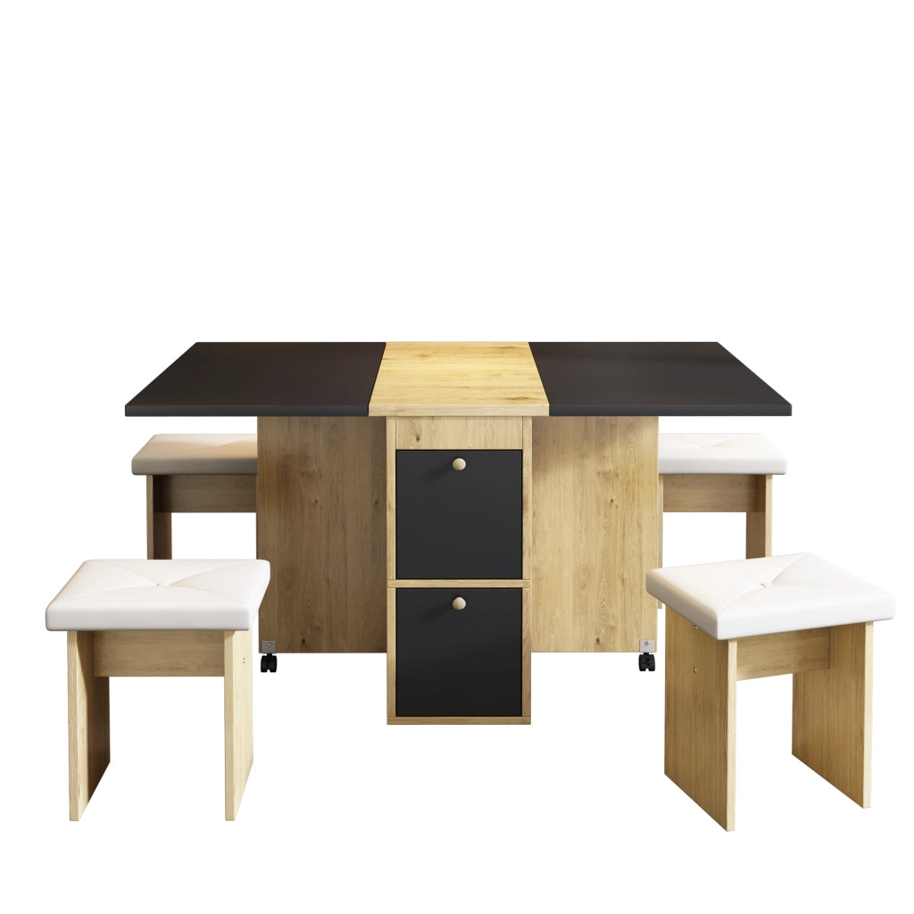 OKWISH Set Tavolo e 4 Sedie da Pranzo, Tavolo Pieghevole e Richiudibile Multifunzionale, Pannello Truciolare Bianco Nero