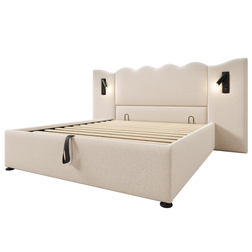 Letto matrimoniale – 160x200 cm – luce USBC contenitore – lino beige