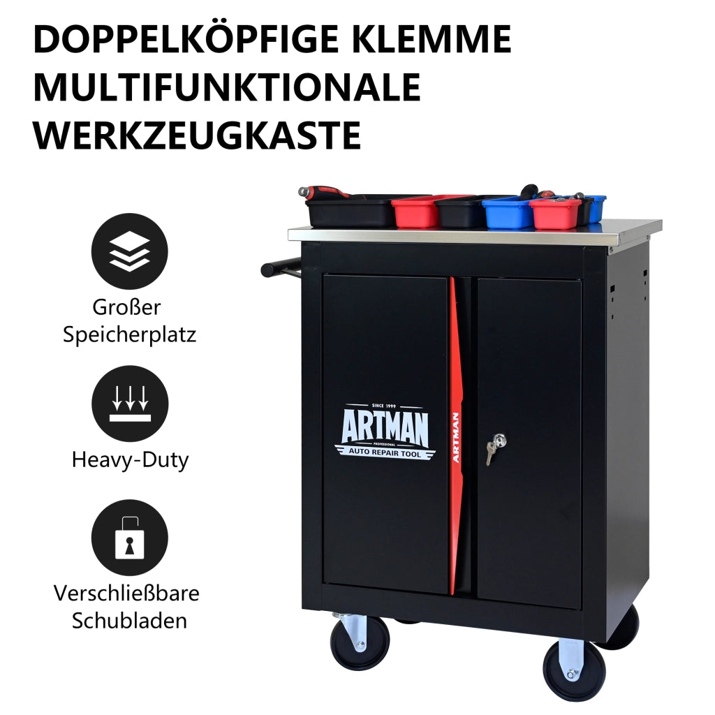 Carrello porta utensili a doppia anta con 4 ruote e serratura in acciaio nero e rosso 62,5 × 34,5 × 78 cm