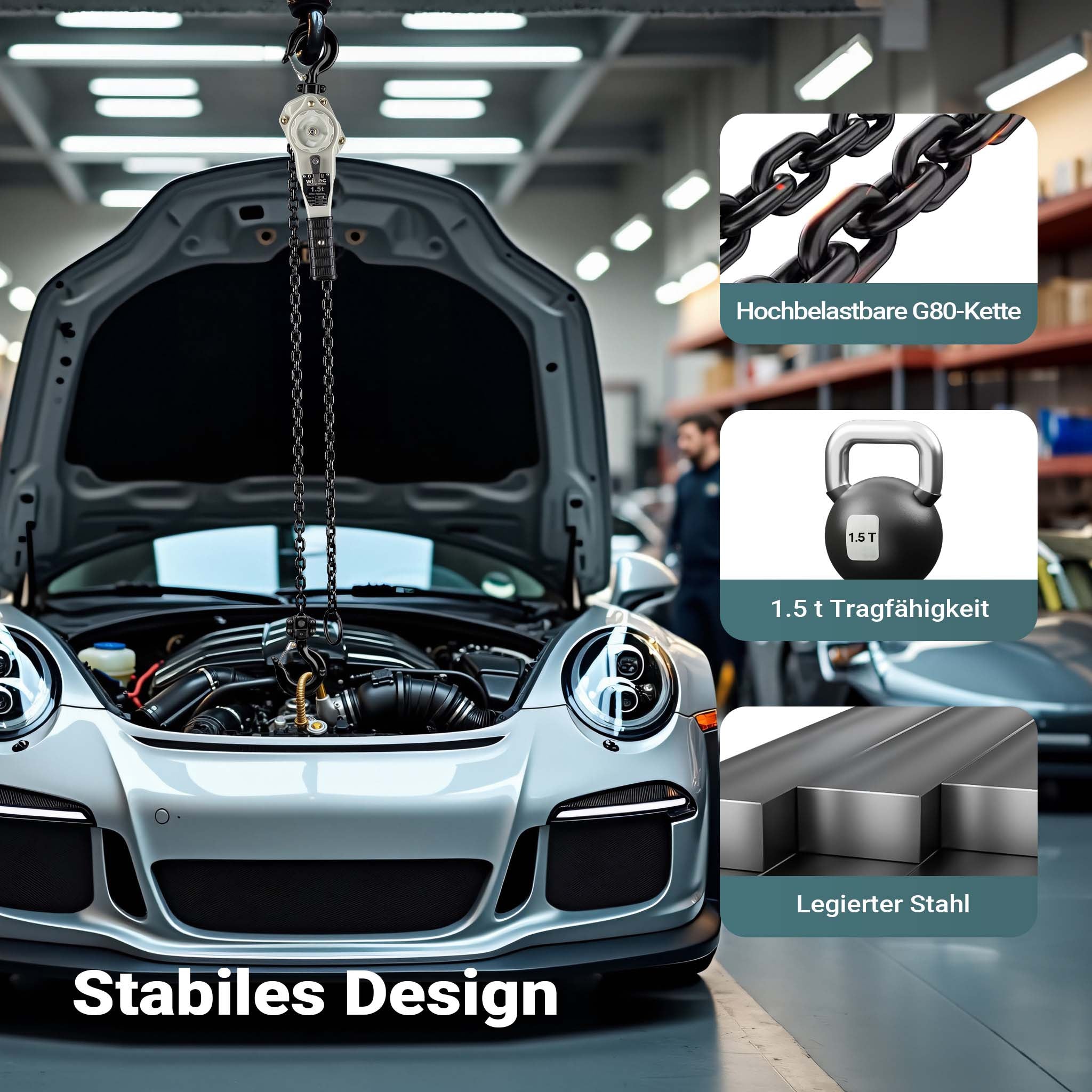 Paranco a leva 1,5 t x 1,5 m, paranco a catena compatto con impugnatura girevole a 360°, per lavori di sollevamento in spazi ristretti