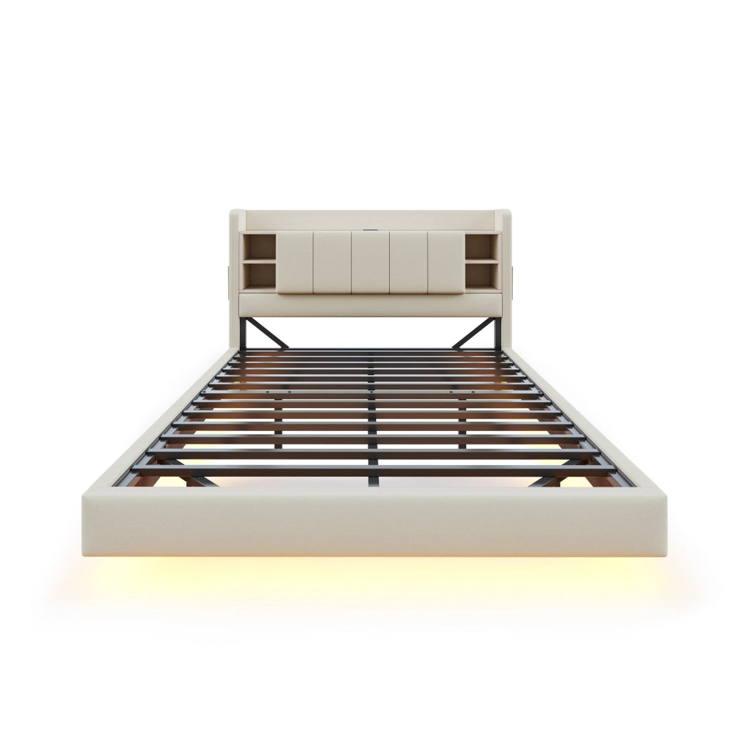 Letto imbottito 160x200 cm con LED; USB e vani portaoggetti in lino beige