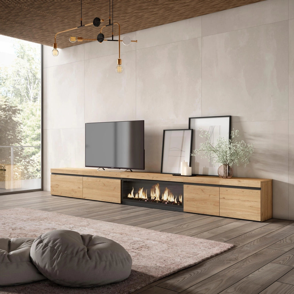 Mobile TV Soggiorno, 368x35x45, Camino elettrico XXL, colore Rovere RF3690