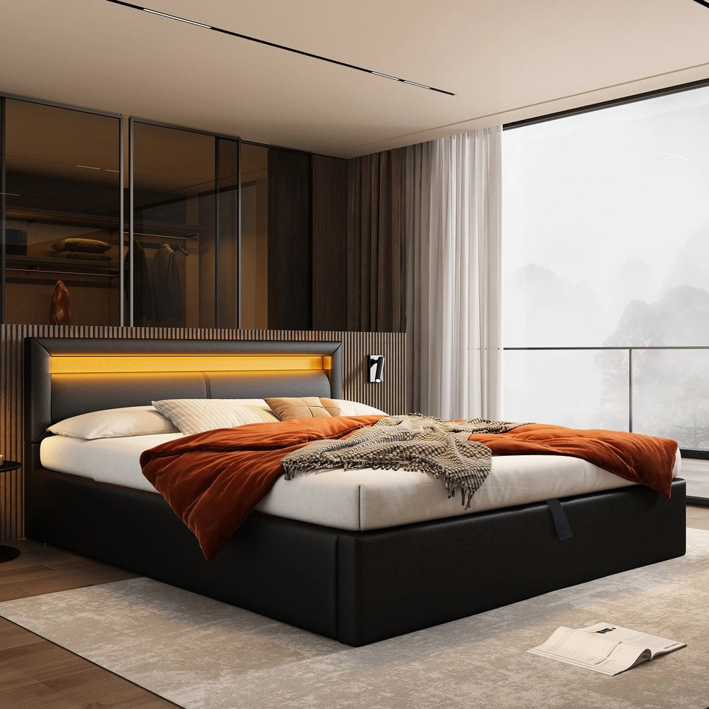 Letto Imbottito con LED e Contenitore ¨C Xylo ¨C Similpelle Nero 140x190