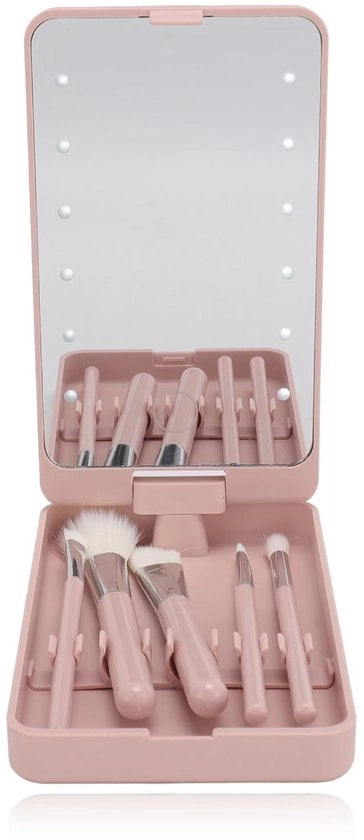 Set di pennelli per trucco portatile - 5 pezzi - Ripiegabile - Pennelli cosmetici - Specchio HD - Leggero