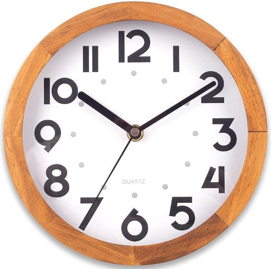 Orologio da parete in legno naturale, decorativo e silenzioso, orologio analogico a forma rotonda senza ticchettio per camera da letto, soggiorno, cucina, caffè, ufficio - 20 cm