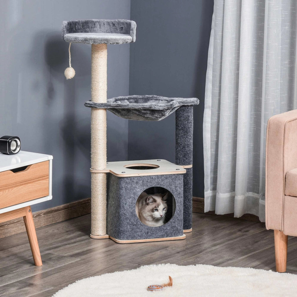 Albero Tiragraffi per Gatti con Casetta e Amaca ¨C Zephmum ¨C Grigio 48x34x95cm