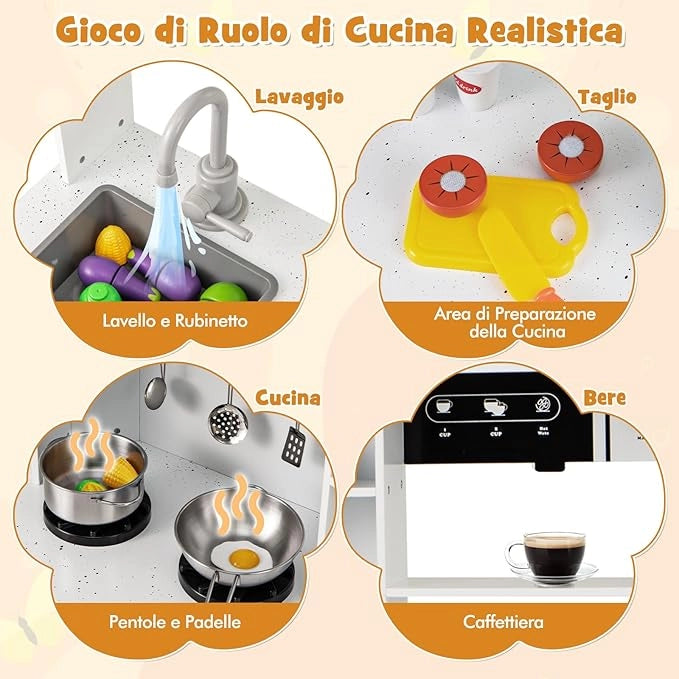 Cucina Giocattolo per Bambini, Cucina Legno per Bambini Con Forno, Microonde, Macchina del Ghiaccio, Macchina per Caffè, Lavello e Rubinetto, Con Suoni e Luci, per Bambini 3+ Anni (Bianco)