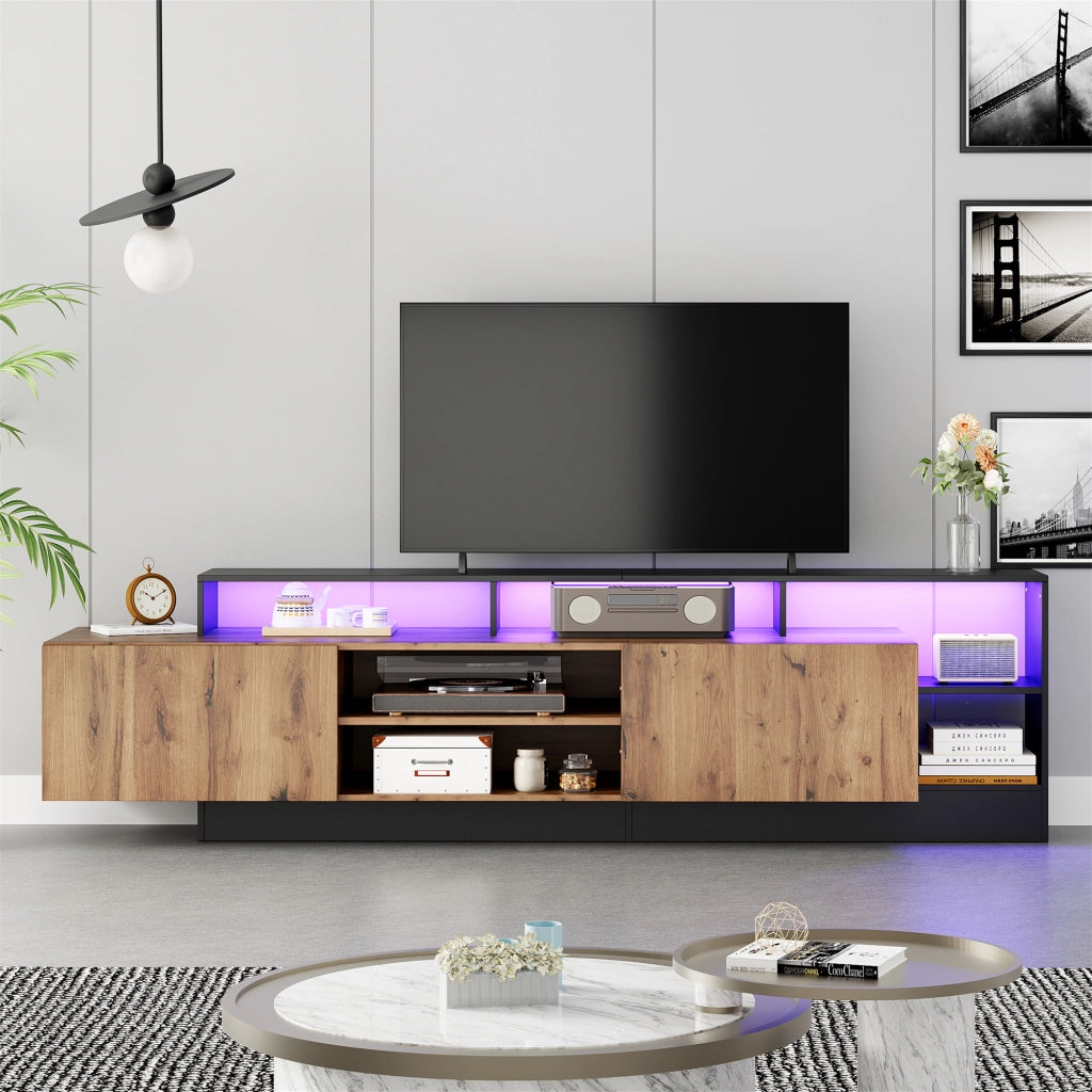 Mobile porta TV con LED e vani aperti in legno e nero per soggiorno e camera da letto 190 × 40 × 48,5 cm