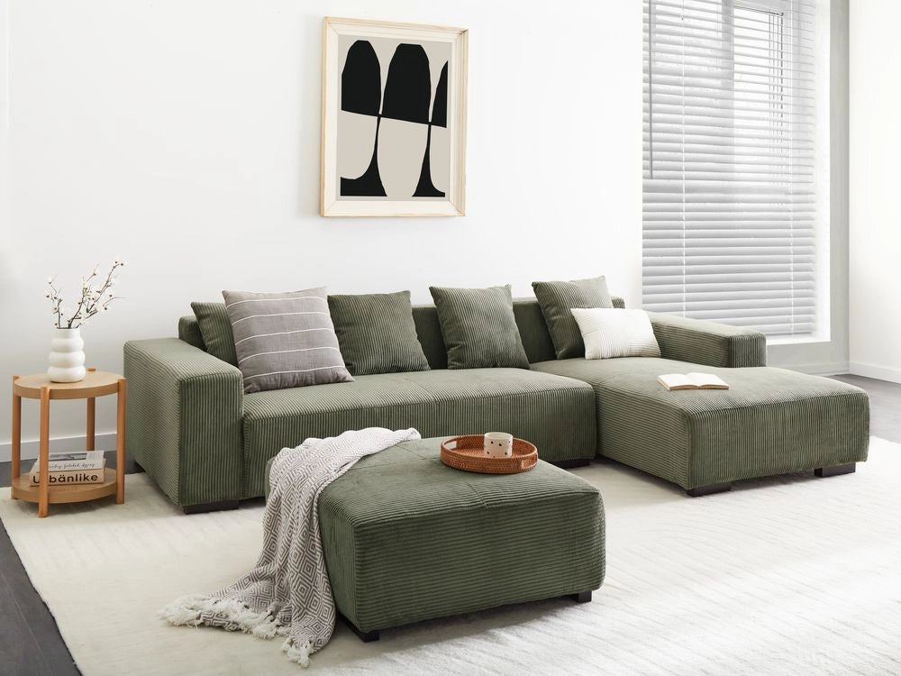Divano angolare a L con cuscini 4 posti in velluto a coste verde con ottomana versione a sinistra stile elegante moderno