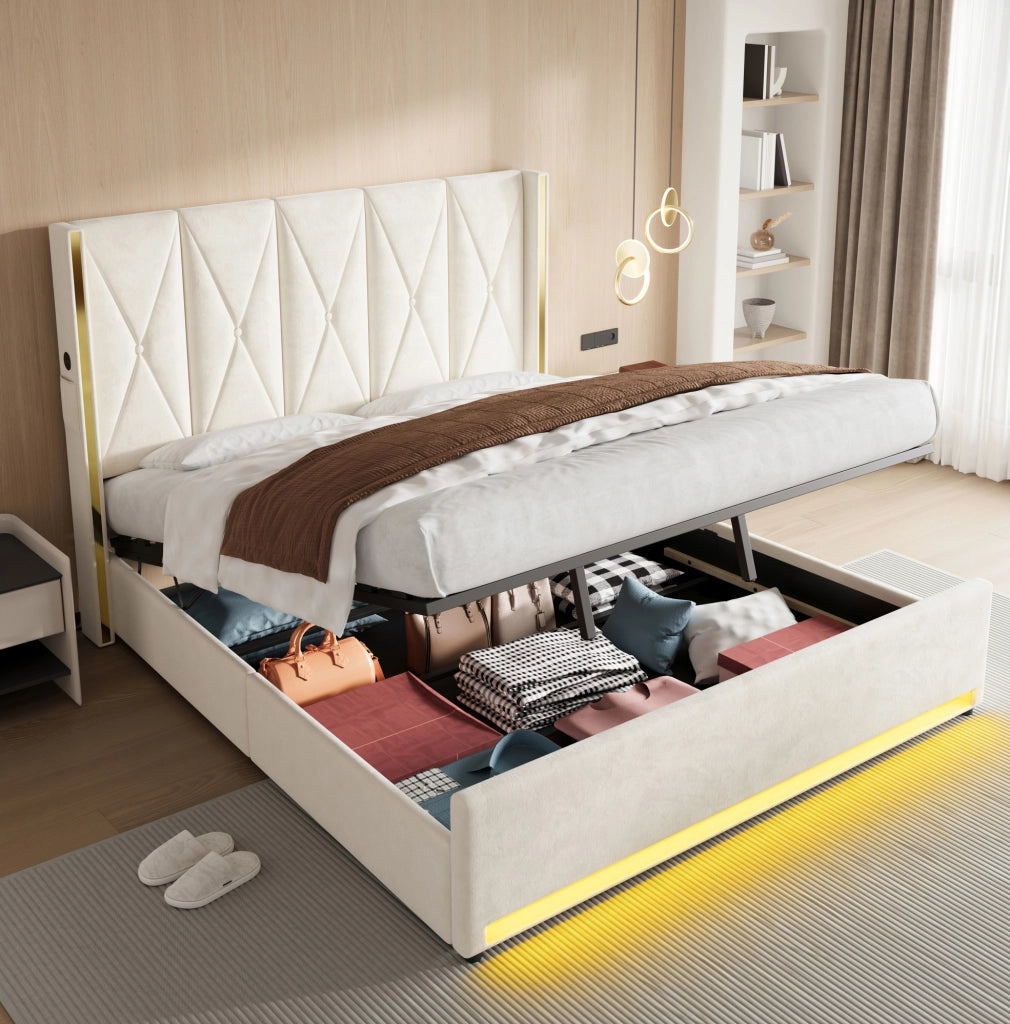 Letto matrimoniale 180x200 cm in velluto beige con testiera alta; LED; USB e contenitore