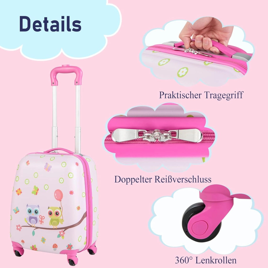 Set di Valigia 16’’ + Zaino 12’’ per Bambini 2 Pezzi, Bagagli 2-in-1 con Zainetto da Viaggio Aereo, Trolley con Maniglia Telescopica e 4 Ruote a 360° (Rosa Gufo)