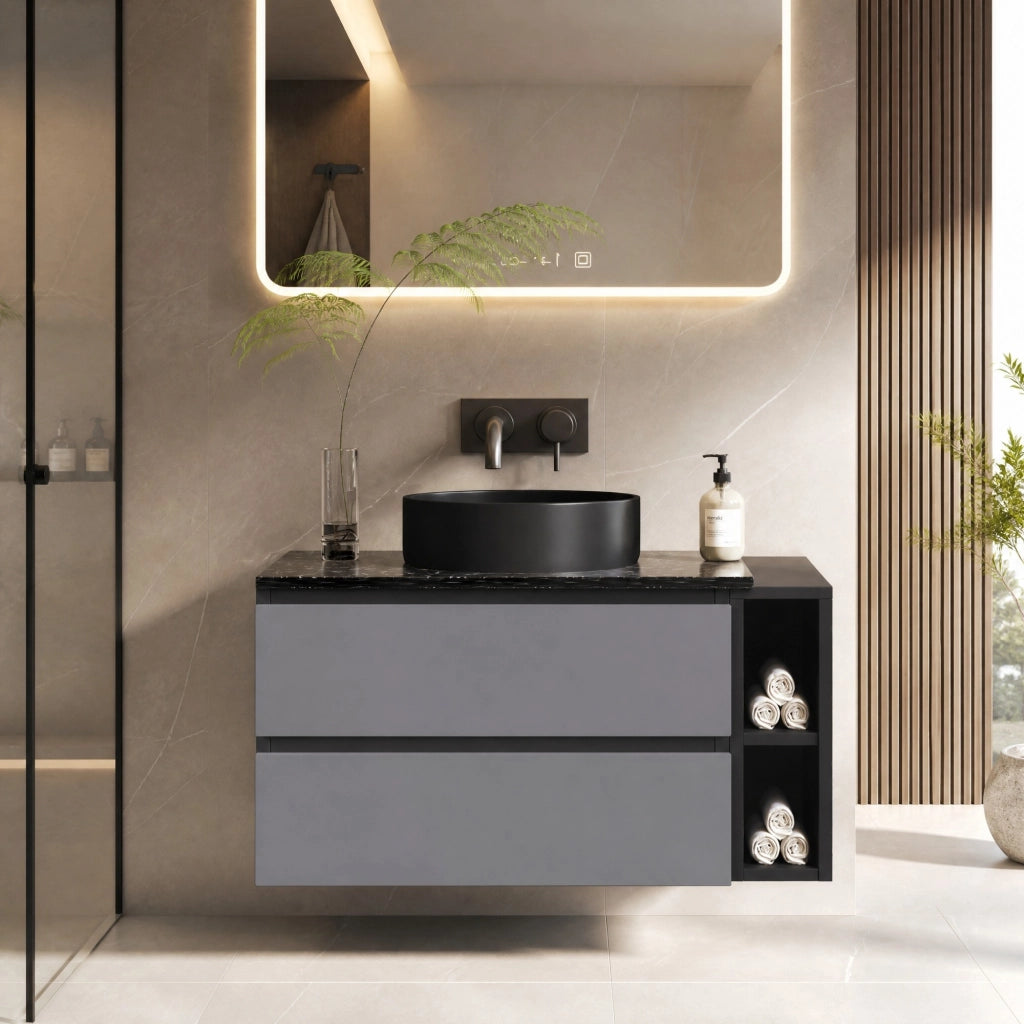 Mobile lavabo sospeso con lavabo in ceramica; piano in marmo; nero e grigio
