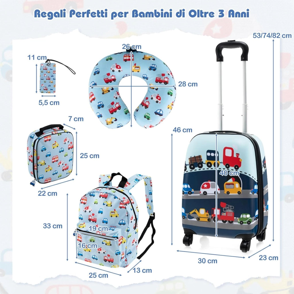5 Pezzi Valigia per Bambini, Valigia con ManicoTelescopico da 16" con 13" Zainetto, Cuscino per Il Collo, Etichetta per Bagaglio, Borsa per Il Pranzo, con Ruote Girevoli a 360 ° (Modello 3)