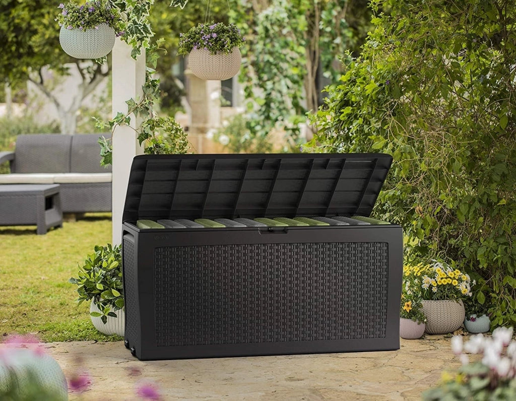 Cassapanca da Esterno Samoa 270 Litri in Resina Effetto Rattan con Ruote e Seduta Portata 150 kg Colore Grafite Keter