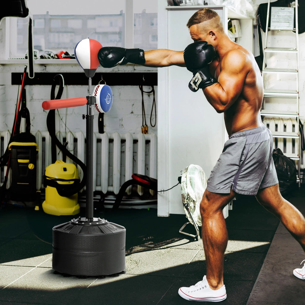 Sacco Boxe da Terra con Barra Girevole. Speedball e Colpitore. in Acciaio. HDPE e PU. 80.5x48x163-205 cm