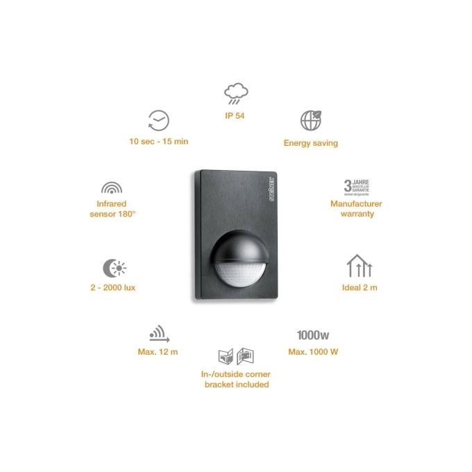 Steinel 034580 IS 180-2 Sensore di Movimento a Infrarossi 180° Portata 12 m IP54 1000 W colore Antracite
