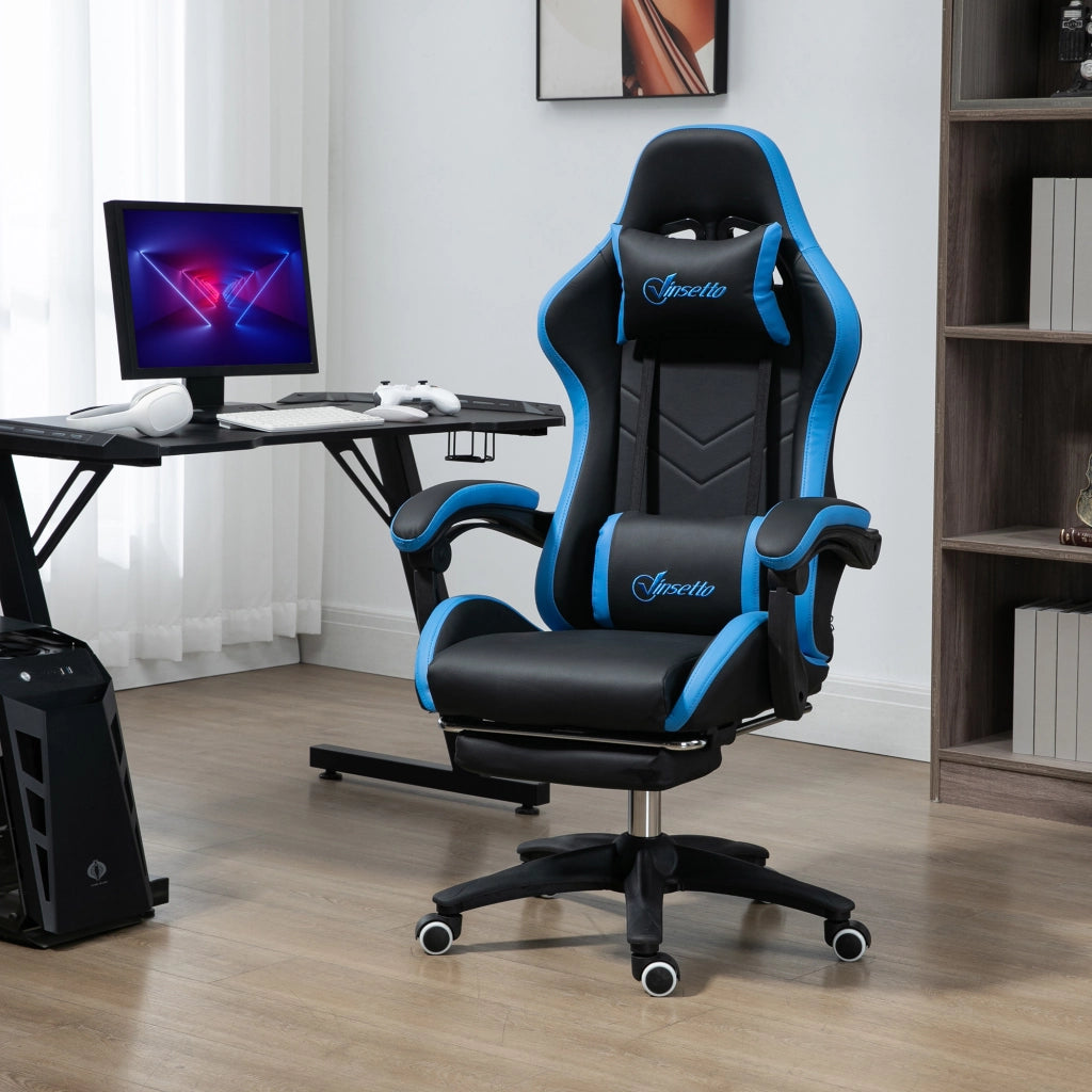 Sedia da Gaming con Altezza Regolabile e Schienale Reclinabile, 65x65x121-129 cm, Blu e Nero