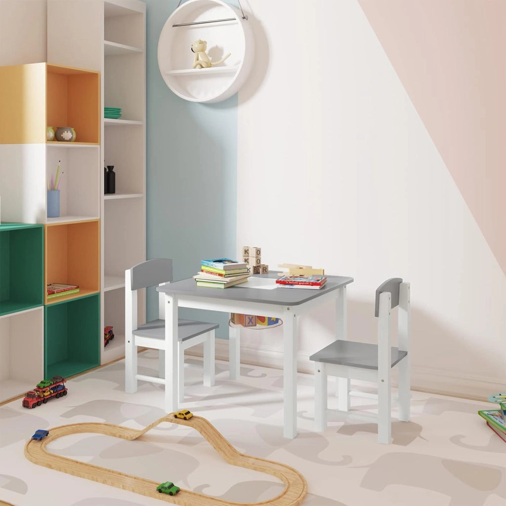 WOLTU Tavolo e Sedie per Bambini, Tavolino per Bambini con 2 Sedie, Scrivania per Bambini, con Base per Blocchi Reversibile e Tasca a Rete, per Cameretta, in MDF, Bianco e Grigio