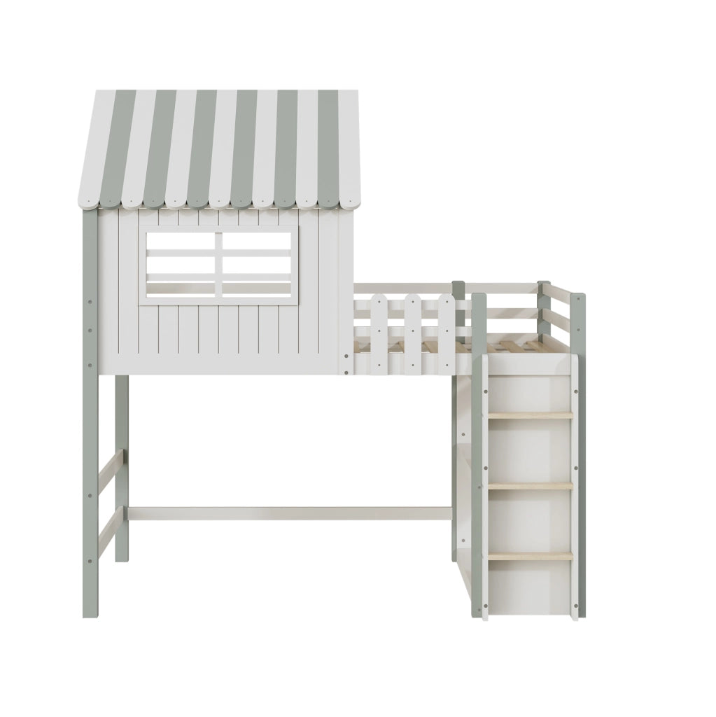 Letto per bambini a casetta 90x200 cm con scala di sicurezza e rete a doghe; legno massello verde