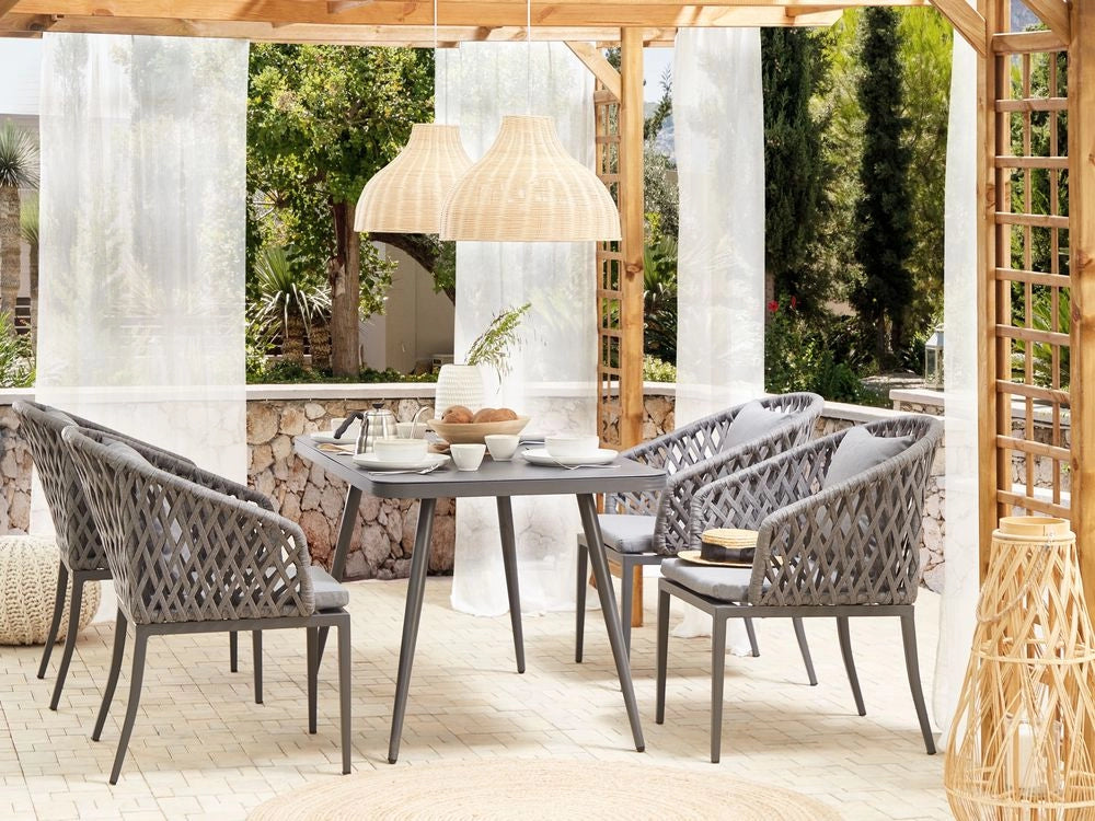 Set da pranzo da giardino 4 posti in metallo grigio alluminio finitura opaca tavolo da esterno 4 sedie cuscini moderno