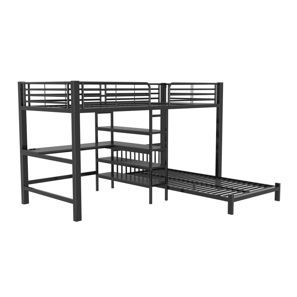 Letto a Soppalco 90 x 200 cm; Letto 2 Posti - Scrivania; USB e Type-C; MDF e Metallo; Nero