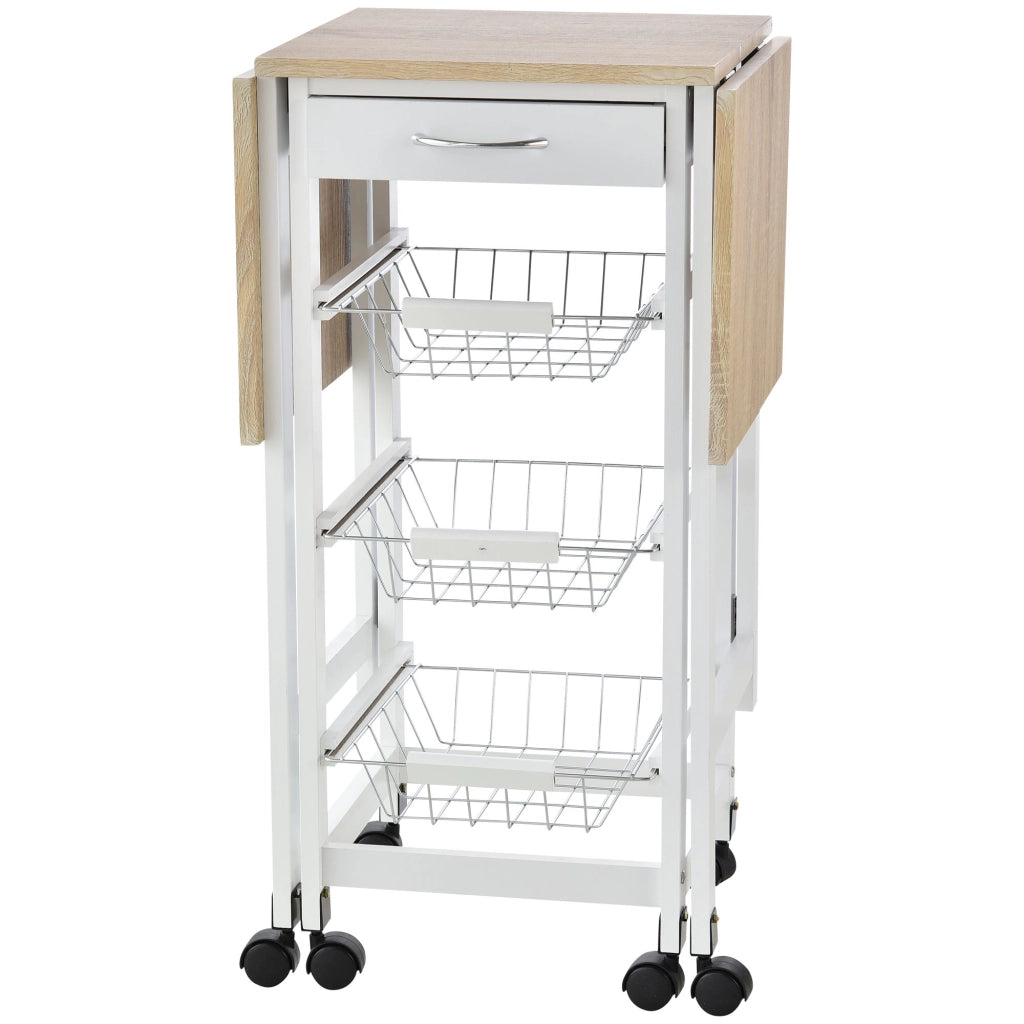 Carrello Portavivande Pieghevole ¨C Xylo ¨C 3 Cestini con Cassetto e Ruote, MDF Bianco Legno 37x37x77.5cm