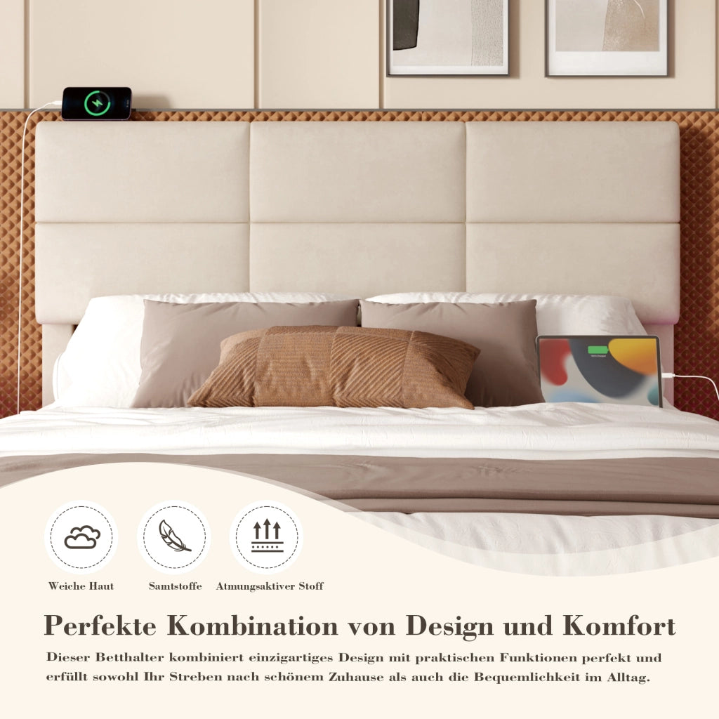 Letto Matrimoniale 160x200 cm; Contenitore; LED e USB; Testiera Regolabile in Velluto Beige