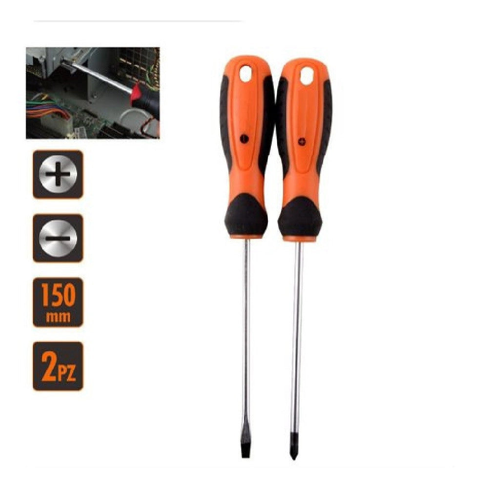 Trade Shop - Set 2 Pz Cacciavite Giraviti Con Punta Magnetica A Taglio E A Croce 150 Mm 97210 -