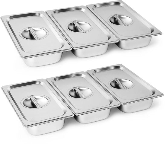 Set di impasto per pane, 6 parti, con coperchio in acciaio inossidabile, GN 1/3, dimensioni 32,5 x 17,5 x 6,5 cm - Scatole gastronorm rettangolari in metallo - ideale per schnitzel, carne, pesce