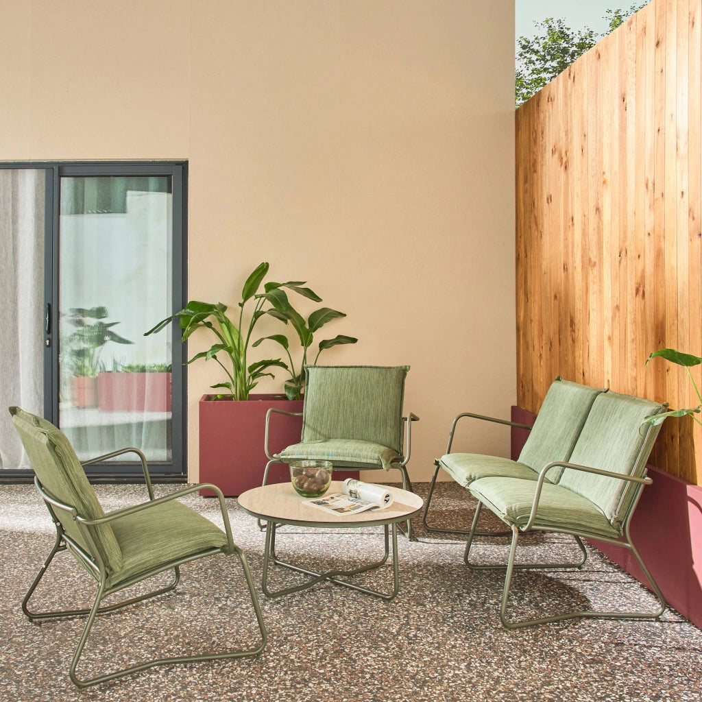 Salotto da giardino in acciaio, vetro e textilene, 4 posti, verde kaki