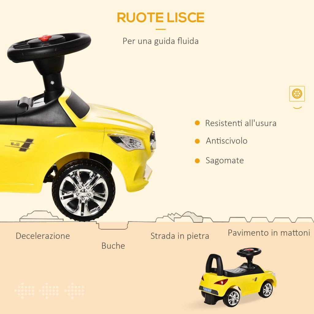 EasyComfort Macchinina per Bambini Cavalcabile con Volante, Fari e Musiche Integrate, Macchina per Bambini in PP e Metallo, 63.5x28x36 cm, Giallo