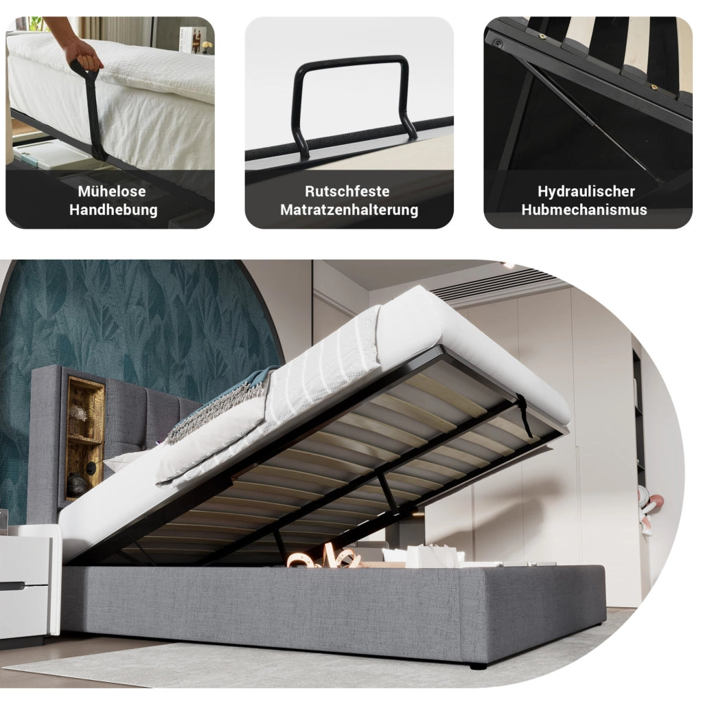 Letto matrimoniale imbottito 160x200 cm grigio con ricarica wireless; USB e contenitore; con materasso