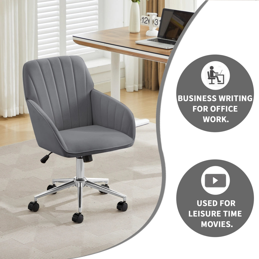 Sedia da ufficio girevole in velluto con altezza regolabile, schienale ergonomico e ruote, per casa e camera da letto, grigio