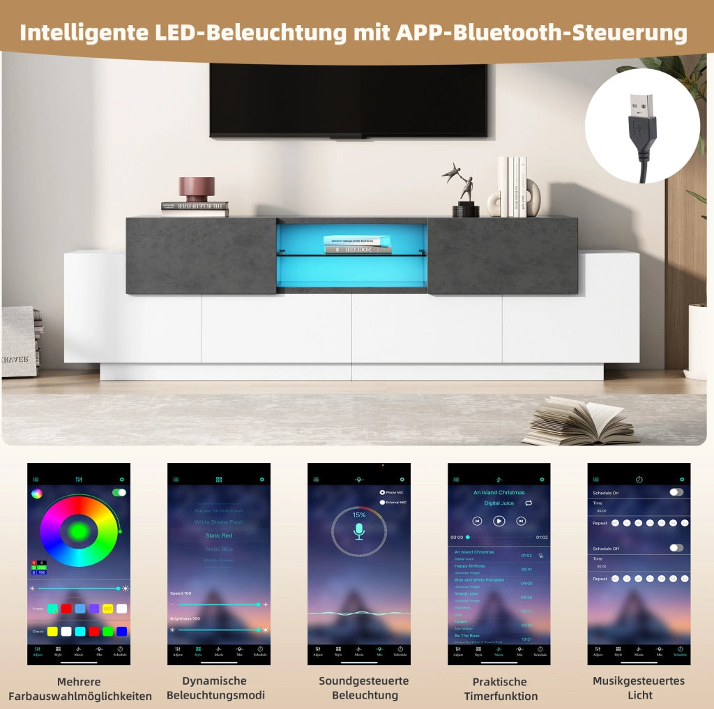 Mobile TV LED 180 cm bianco e grigio effetto marmo con ripiani in vetro