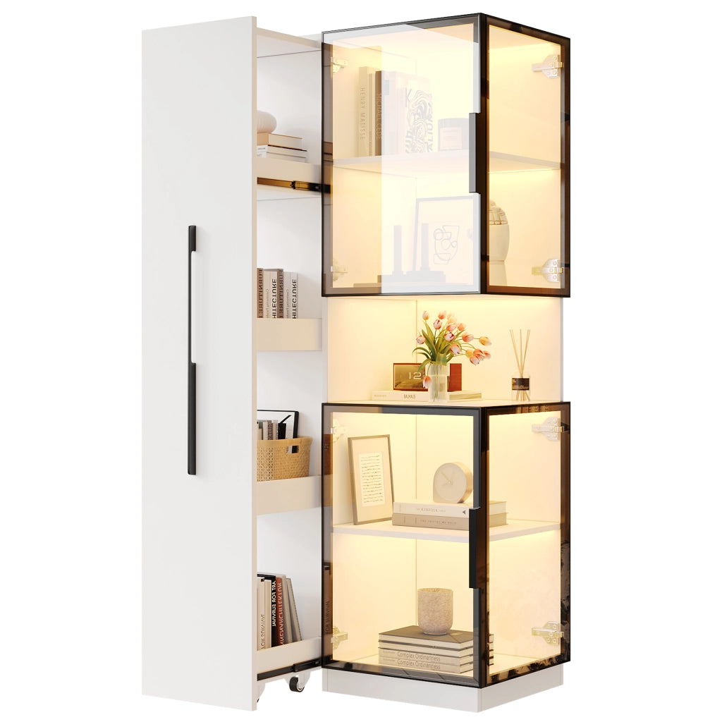 Vetrina alta in MDF e vetro 70×38×160 cm con ripiani estraibili, LED multicolore e protezione antiribaltamento, colore bianco