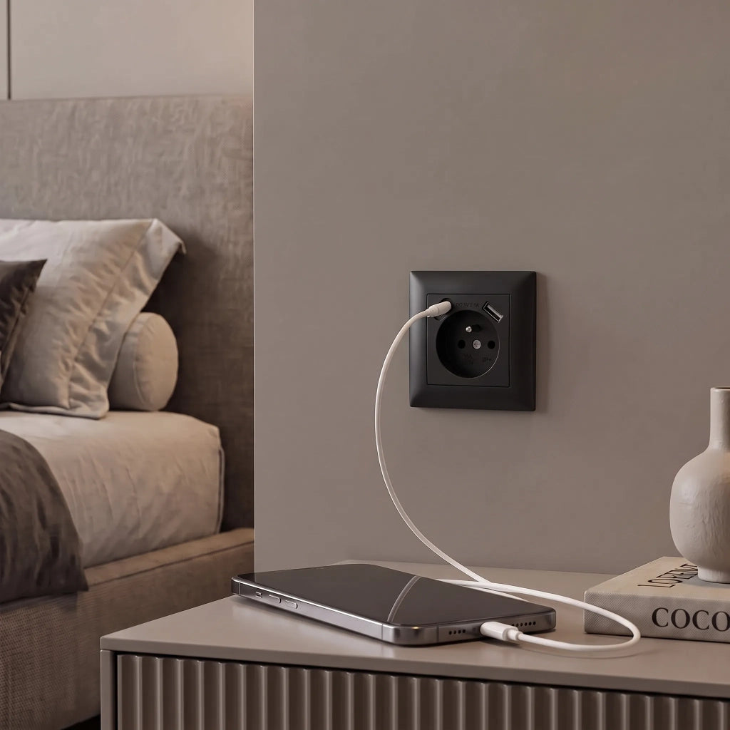 Presa Singola Con Messa A Terra + Usb-a Usb-c Oste Jnh004-g Black