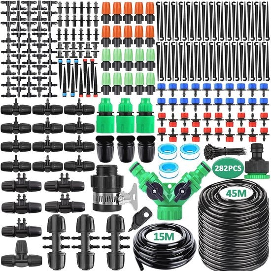 Sistema di irrigazione a gocce 281 pezzi con 45m + 15m tubo, sistema di irrigazione automatico per giardino e piante in vaso