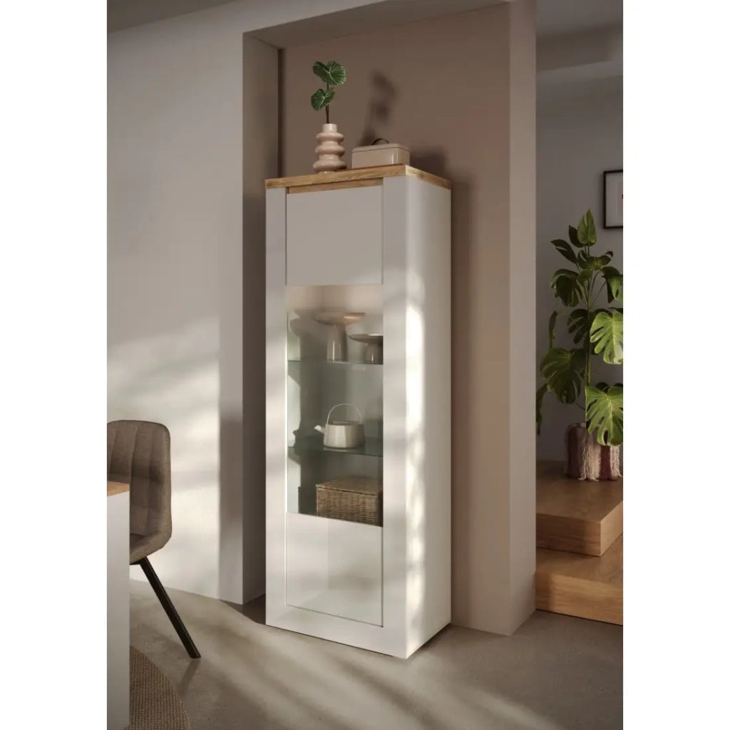 Vetrina SASHA – 1 porta e LED integrato – Bianco laccato e Rovere Cadiz